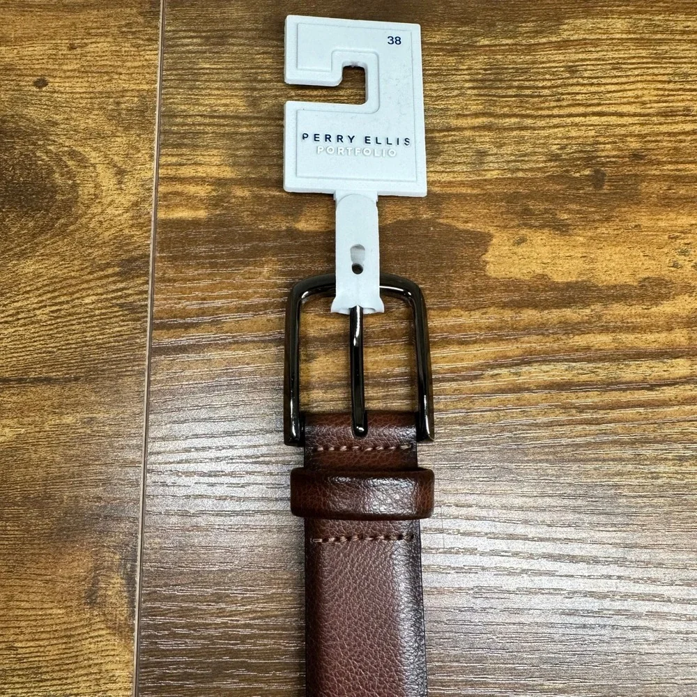 New Perry Ellis Portfolio Mens Brown Leather Dress Belt Size 38 Gunmetal Buckle